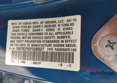 2015 Honda Civic Ex из США, поврежденный, VIN 19XFB2F82FE058527